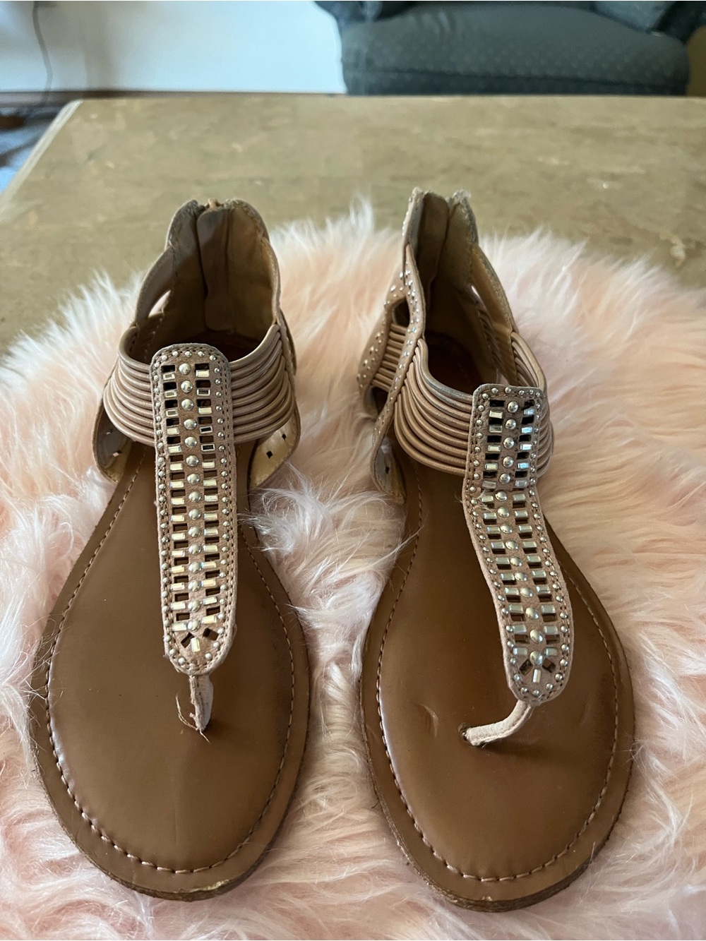 Rhinestone T‑Strap Tan Women's Sandals